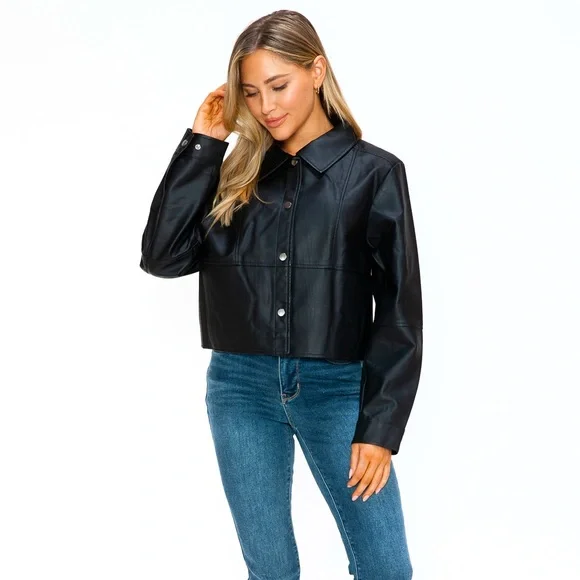 Snobbish Snap Down Long Sleeve PU Leather Jacket - Picture 1 of 12